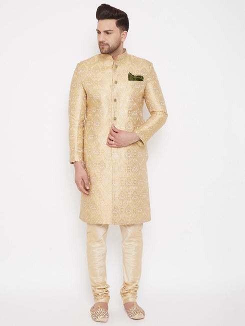 Vastramay Men's Golden Brocade Slim Fit Sherwani Set